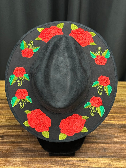 Faux Suede Embroidered Brim Rose Hat