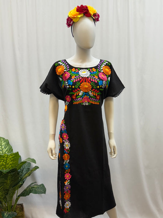 Women's Mexican Embroidered Floral Dress with Slit