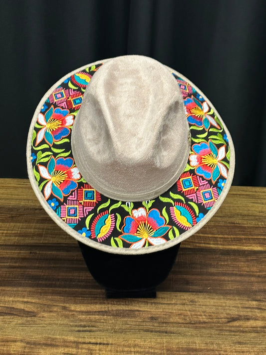 Faux Suede Embroidered Brim Floral Hat