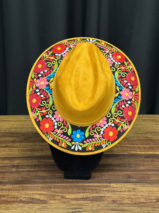 Faux Suede Embroidered Brim Floral Hat