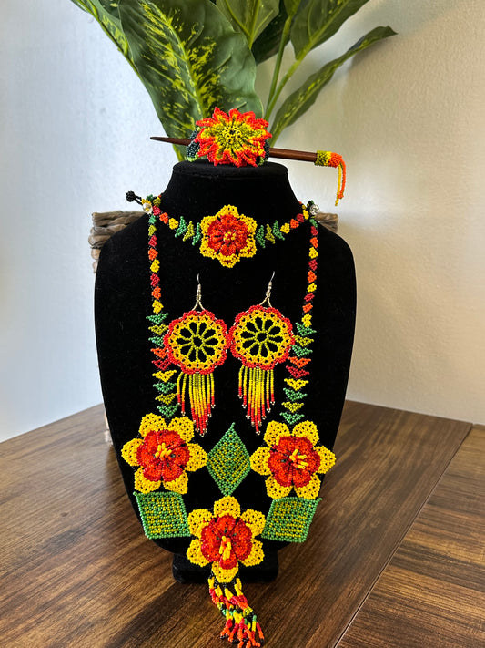 Beaded Sunflower Neckale Set with Barrete