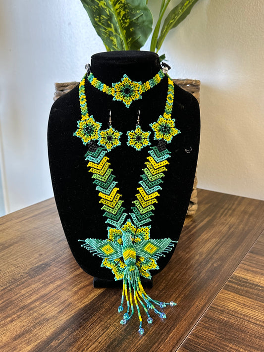 Beaded Humminbird Necklace Set with Barrete