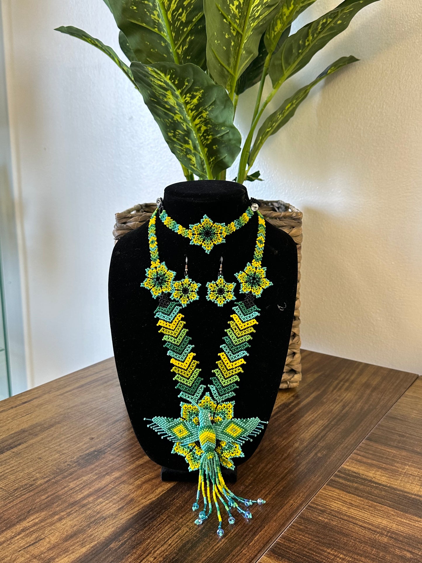 Beaded Humminbird Necklace Set with Barrete